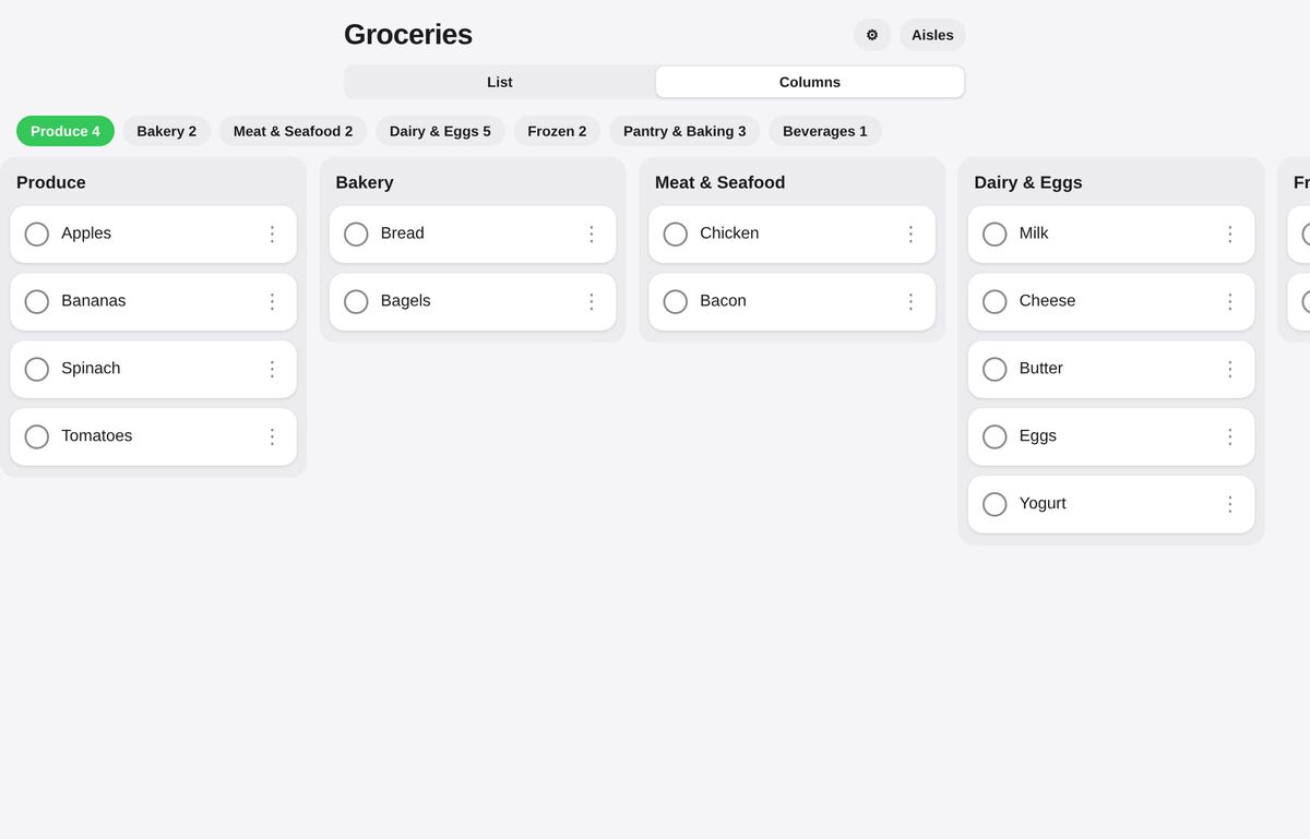 Grocery Board in Columns view, items sorted into aisle sections