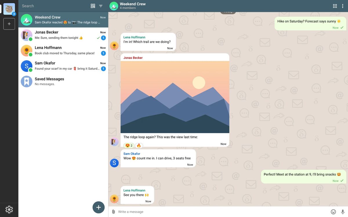slothfulchat-web in a desktop browser: chat list on the left, a group chat with a shared photo and reactions on the right