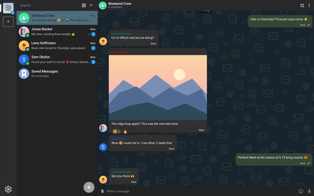 slothfulchat-web in a desktop browser: chat list on the left, a group chat with a shared photo and reactions on the right